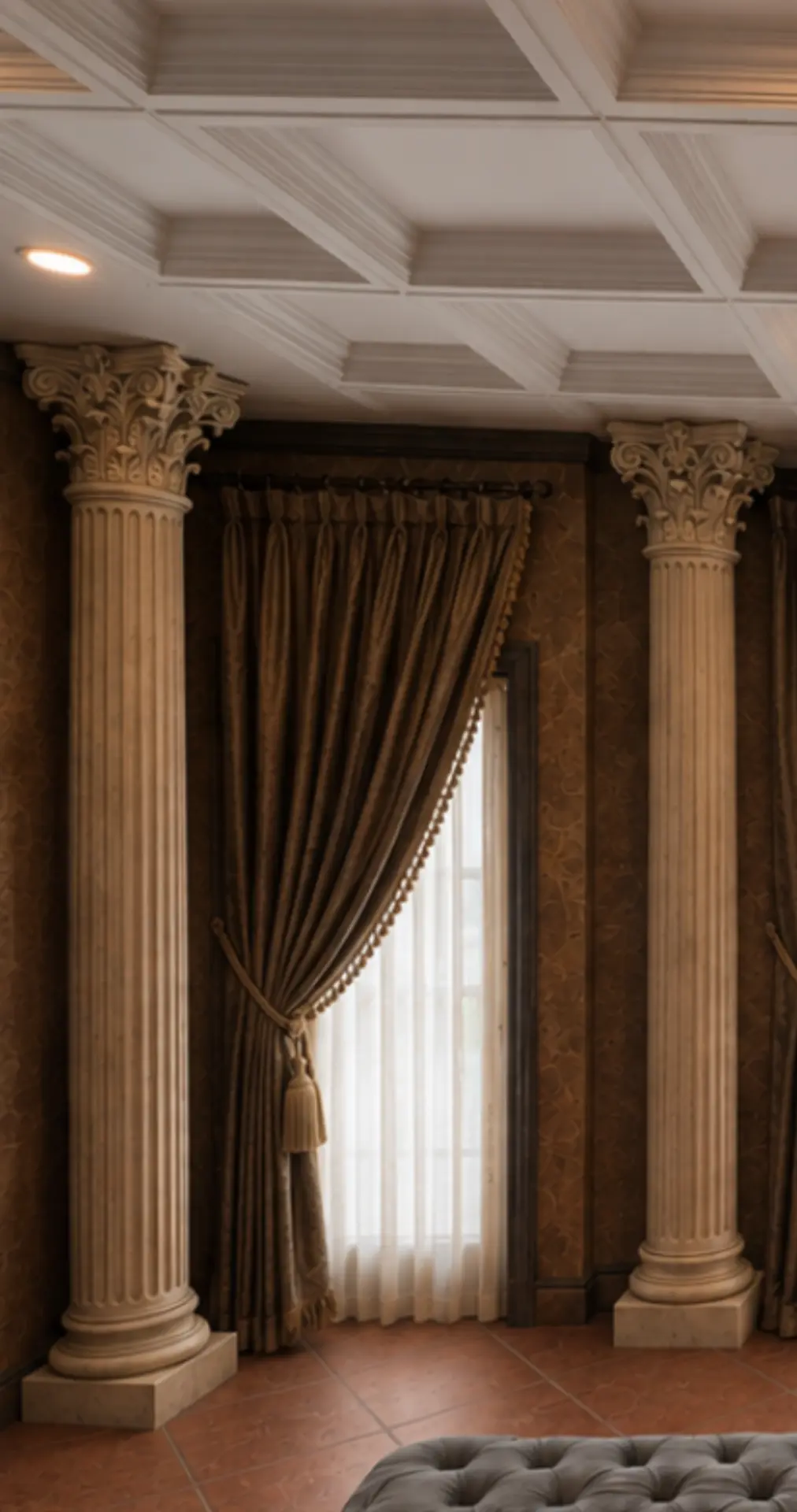 Pair of fluted Corinthian stone columns framing tall draped windows
